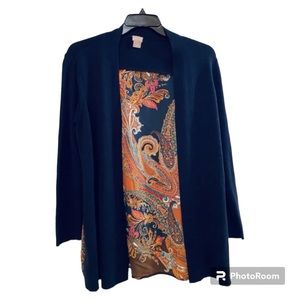 Chico’s Midnight Blue Paisley Woven Back Cardigan Sweater Top size 2
